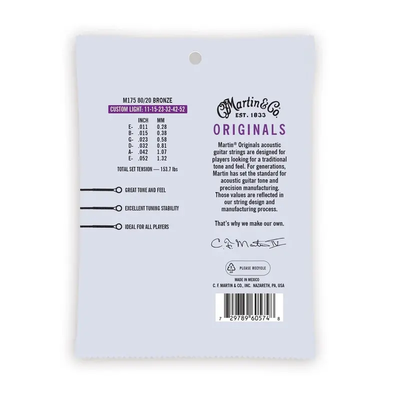 Martin Ma175 Authentic Acoustic Superior Performance 80/20 Bronze Guitar Strings 11-52 2