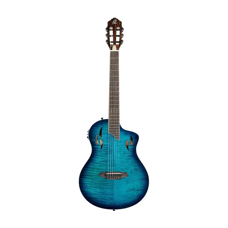 Ortega Tourplayer Series Thinline Crossover Electric Nylon Guitar W/ Bag - Flamed Maple Gloss Blue 1