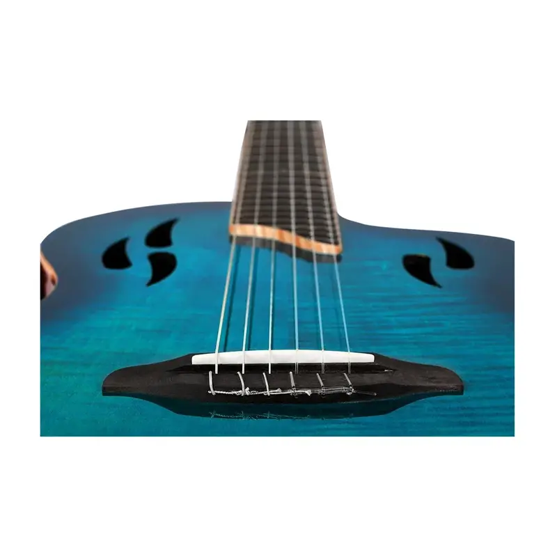 Ortega Tourplayer Series Thinline Crossover Electric Nylon Guitar W/ Bag - Flamed Maple Gloss Blue 2